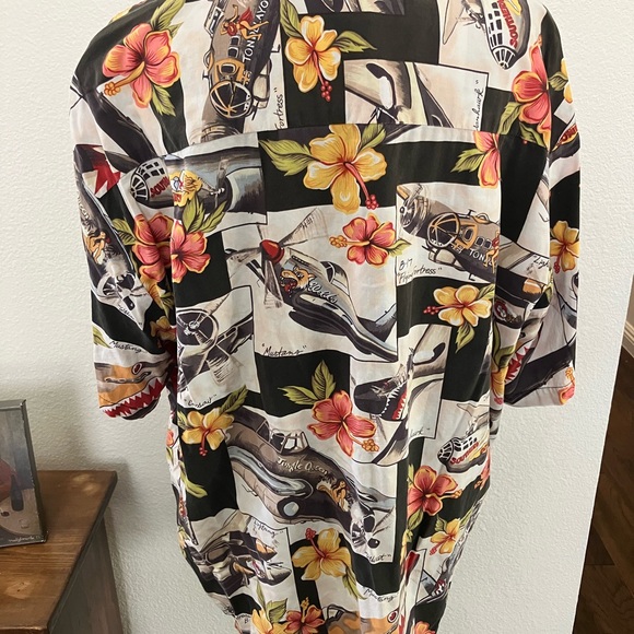 - Vintage KALAHEO Hawaiian Shirt Airplanes Palm Trees Mens XL Black Button Down - Picture 3 of 5